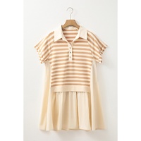 Khaki Stripe Two-in-one Collared Cap Sleeve Patchwork Loose Mini Dress - L thumbnail