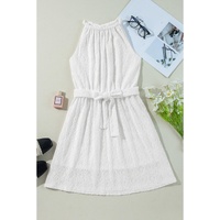White Lace Sleeveless Knot Hollow Out Back Tied Waist Mini Dress - M thumbnail
