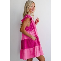 Pink Crinkled Colorblock Patchwork Flutter Tiered Mini Dress - L thumbnail