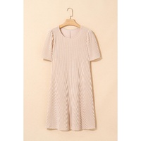 Parchment Corded Knit Crew Neck Puff Sleeve Shift Mini Dress - L thumbnail