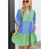 Dark Blue Colorblock Frilled V Neck Puff Half Sleeve Shift Dress - M thumbnail