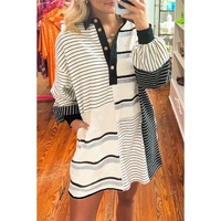 Black Stripe Colorblock Knit Henley Collar Shift Long Sleeve Mini Dress - M thumbnail
