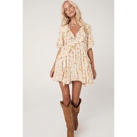 Apricot Boho Floral Tassel Tie V Neck Ruffle Wide Sleeve Mini Dress - M thumbnail