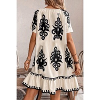 Apricot Western Print Ruffled Short Sleeve Loose Dress - L thumbnail