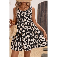 Black Leopard Print U Neck Sleeveless High Waist Dress - M thumbnail