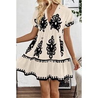 Black Vintage Print V Neck High Waist Short Sleeve Dress - S thumbnail