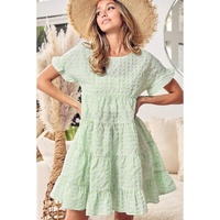 Green Stripe Textured Tiered Short Sleeve Loose Mini Dress - XL thumbnail