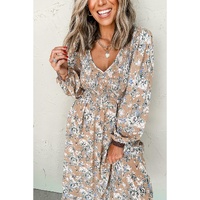 Khaki Maple Grove Floral Smocked Puff Sleeve Long Dress - L thumbnail