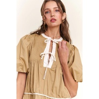 Pale Khaki Contrast Trim Pintuck Puff Sleeve Tied Neck Short Dress - L thumbnail