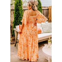 Orange Floral Print Smocked V Neck Wide Sleeve Maxi Dress - L thumbnail