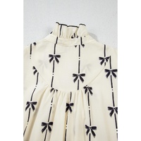 Beige Cute Bowknot Printed Bubble Sleeve V Neck Mini Dress - L thumbnail