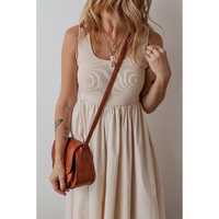 Beige Scoop Neck Ribbed Bodice Pleated Sleeveless Long Dress - M thumbnail
