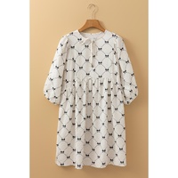 White Bowtie Pattern Textured Puff Half Sleeve Loose Mini Dress - M thumbnail