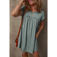 Mist Green Frilled Gathered Seam Round Neck T Shirt Dress - S thumbnail