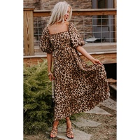 Brown Leopard Print Bubble Sleeve Square Neck Maxi Dress - L thumbnail