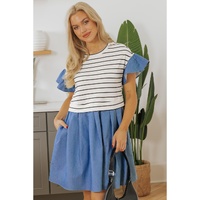 Black Stripe Ruffle Denim Patchwork Round Neck Mini Dress - L thumbnail