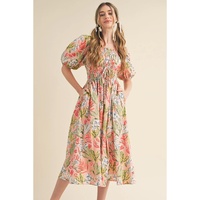 Apricot Pink Floral Smocked Bust Bubble Short Sleeve Maxi Dress - L thumbnail