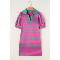 Azura Exchange Pink Stripe Collared V Neck Puff Sleeve T Shirt Dress - L thumbnail