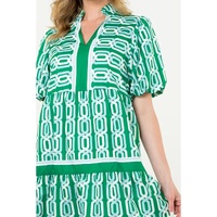 Bright Green Abstract Patterned V Neck Puff Short Sleeve Mini Dress - M thumbnail