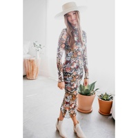 Brown Floral Allover Print Mock Neck Bodycon Long Sleeve Midi Dress - L thumbnail
