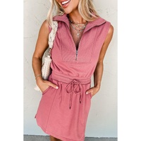 Mineral Red French Terry Zipped Collar Sleeveless Drawstring Waist Mini Dress - M thumbnail