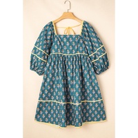 Skobeloff Floral Contrast Trim Square Neck Puff Sleeve Dress - L thumbnail