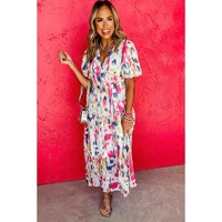 Rose Abstract Print Short Puff Sleeve Tiered Maxi Dress - L thumbnail