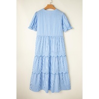 Sky Blue Stripe Bubble Short Sleeve Tiered Scallop Long Dress - L thumbnail