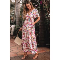 Red Floral Short Sleeve V Neck High Waist Maxi Dress - L thumbnail