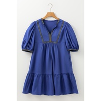 Bluing Colorful Striped Trim Puff Sleeve Pleated Mini Dress - S thumbnail