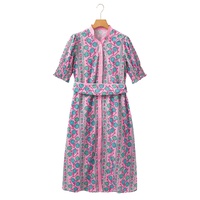 Pink Floral Shirred Puff Sleeve Buttoned Front Midi Dress with Sash - L thumbnail