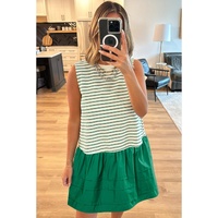 Green Stripe Woven Ruffled Sleeveless Mini Dress - XL thumbnail