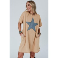 Pale Khaki Mineral Wash Stud Beaded Star Graphic Pocketed T Shirt Dress - S thumbnail