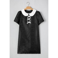 Black Floral Embossed Puff Sleeve Colorblock Bow Collared Mini Dress - L thumbnail