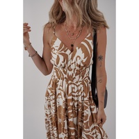 Khaki Floral Shirred High Waist Spaghetti Straps Maxi Dress - L thumbnail