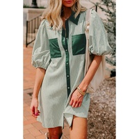 Green Patch Pockets Button Down Short Puff Sleeve Dress - S thumbnail