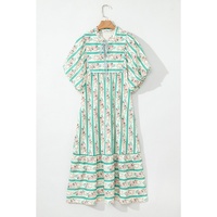 Multicolour Striped Floral Print Tie Split Neck Puff Sleeve Midi Dress - L thumbnail