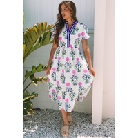 White Floral Puff Short Sleeve V Neck High Waist Maxi Dress - M thumbnail