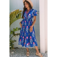 Sky Blue Floral Puff Short Sleeve V Neck High Waist Maxi Dress - L thumbnail