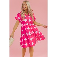 Rose Polka Dot Flutter Sleeve Notched Neck Tiered Flowy Dress - M thumbnail