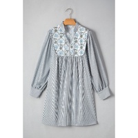 Black Stripe Floral Patchwork Tied V Neck Shift Long Sleeve Mini Dress - M thumbnail