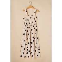 Oatmeal Polka Dot Smocked Fit Flared Sleeveless Long Dress - L thumbnail
