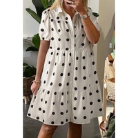 White Polka Dot Print Short Sleeve Collar Buttoned Tiered Babydoll Dress - XL thumbnail