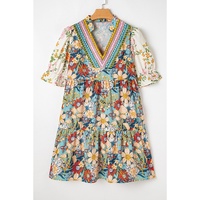 Multicolour Boho Floral Print Crochet Patchwork V Neck Loose Mini Dress - M thumbnail