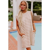Khaki Stripe Round Neck Sleeveless Casual Pocketed Mini Dress - L thumbnail