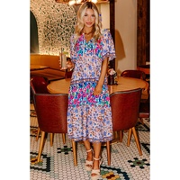 Sky Blue Mixed Floral Print Tie Split Neck Short Sleeve Dress - L thumbnail