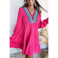 Rose Red Colorful Crochet V Neck Textured Tiered Ruffled Long Sleeve Mini Dress - S thumbnail
