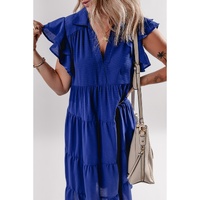 Bluing Ruffled Short Sleeve Collared V Neck Tiered Midi Dress - L thumbnail