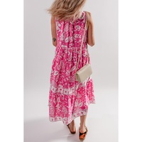 Rose Floral Sleeveless Tasseled Lace-up Neck Tiered Midi Dress - M thumbnail