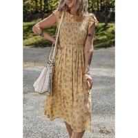 Yellow Boho Floral Print Ruffle Smocked Flowy Summer Dress - L thumbnail